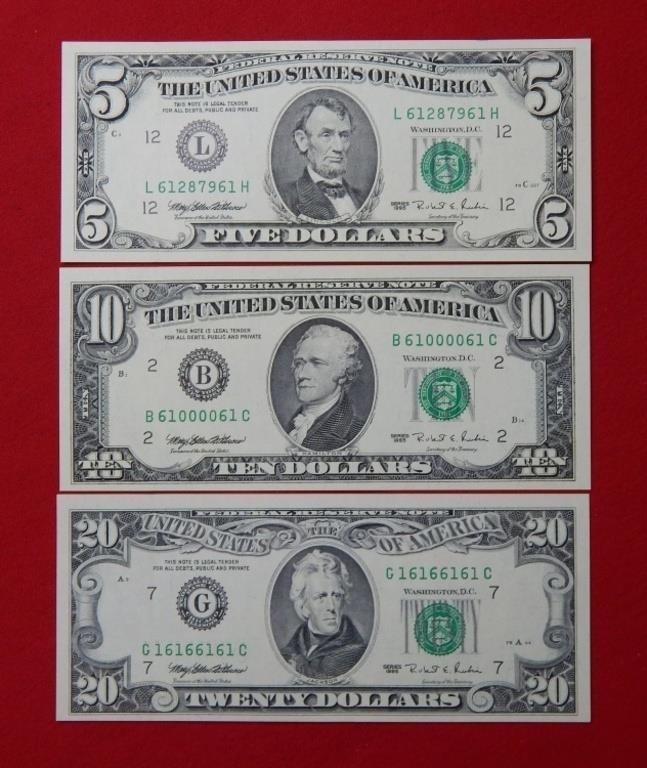(3) 1995 Federal Reserve Notes $5-$10-$20 Crisp