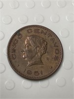 1951 coin Mexico cinco centavos