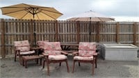 (4) Chairs (2) Umbrellas 2 Storage Tubs & Table