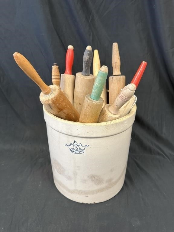 Awesome Stoneware Crock Filled with Rolling Pins