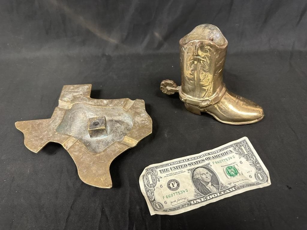 Texas Theme Solid Brass Ashtraty & Cowboy Boot
