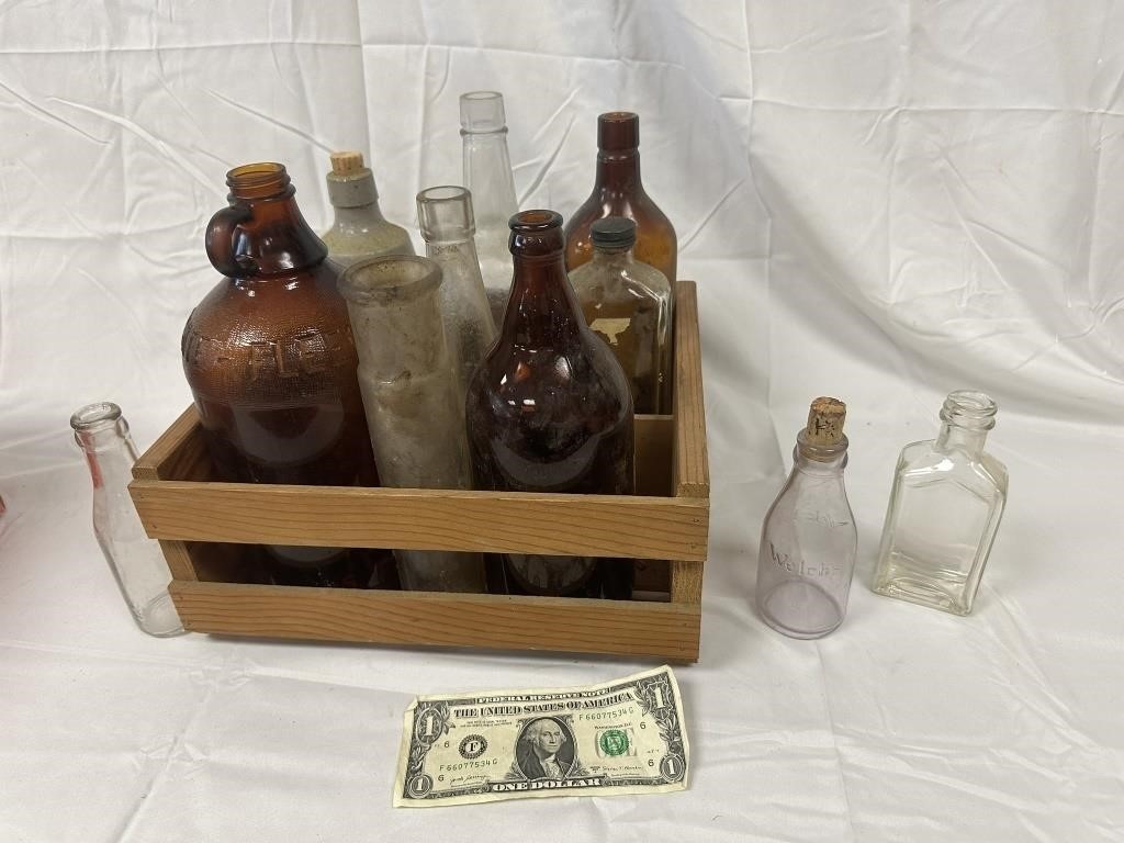 Lot of Vintage Bottles w/ Wood Crate