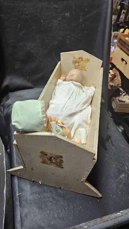 Wooden Doll Cradle with 2 Baby Dolls