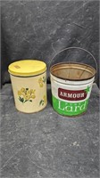 Vtg Armour Lard Tin & Tin Floral Canister