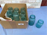 BOX LOT: 9 BLUE GLASS CANNING JARS