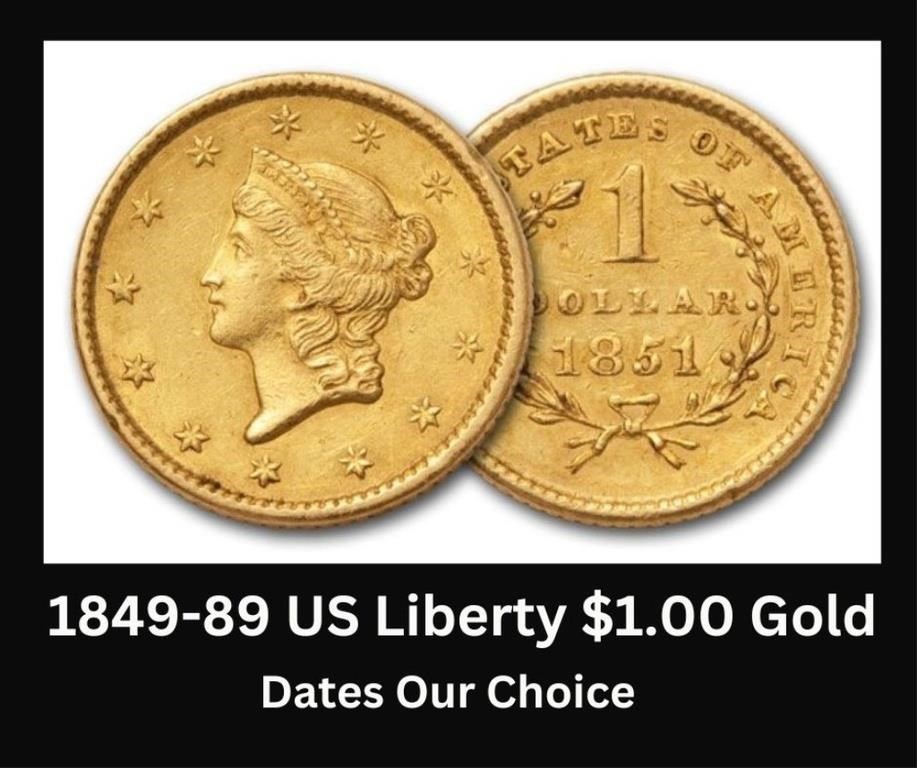 1849-89 Type 1 US Liberty Head $1.00 Gold Coin