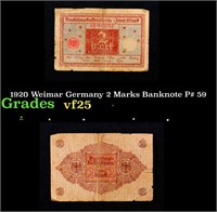 1920 Weimar Germany 2 Marks Banknote P# 59 Grades