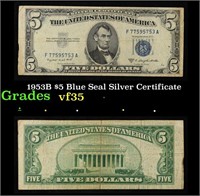 1953B $5 Blue Seal Silver Certificate Grades vf++