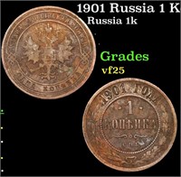 1901 Russia 1 Kopek Y# 9.2 Grades vf+