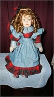 VTG 19" Porcelain Doll w/ Red Plaid & Denim Dress