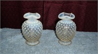 VTG Opalescent Hobnail Pair of Ruffled Vases