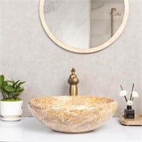Round Yellow Marble Vessel Sink with Copper Drain