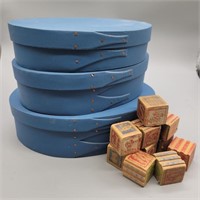 (3) Wooden stackable smokey blue knick knack boxes
