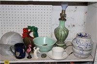 Shelf lot Vintage lamp, pottery, metal Flamingo