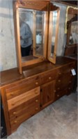 Maple dresser with trifold mirror, 68 inches long