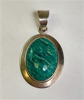 Sterling Signed Turquoise Mexico Pendant 14 Grams