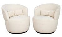 Kagan Style Upholstered Swivel Tub Chairs, Pair