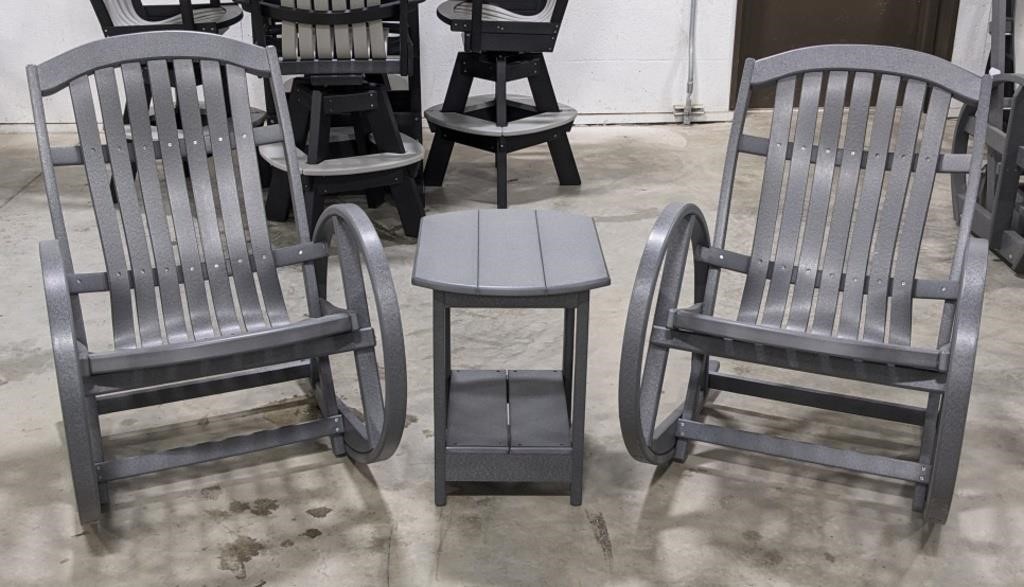 3 PC Grey Poly Rocking Chairs and Side Table