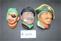 (3) Bossen Head Chalkware Wall Decor Figures