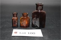 (3) Vintage Dark Amber Glass "Poison" Bottles