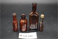 (4) Amber  Apothecary Glass Park  Bottles