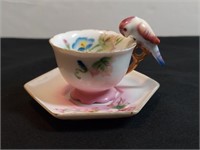 2pc Mini Teacup & Saucer Bird Handle Floral Japan