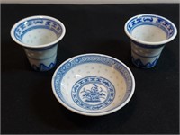3pc Translucent Grid Porcelain Bowl & Cups China.