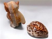 Hand-carved Owl Figure and Tiger Cowrie Seashell