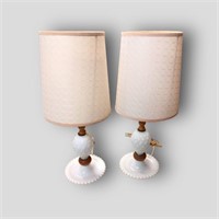 Pair Milk Glass Lamps w/ Shades Vintage