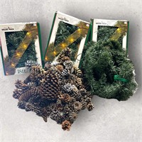 4 Indoor Outdoor LIghted Garland and Pinecone Lot