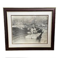 Vintage Print "Fishing" Signed in Mahoganny Frame