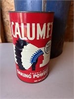 Calumet Baking Powder tin, blue metal drum