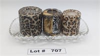 3 LARGE ANIMAL PRINT CANDLES AND VINTAGE CRYSTAL S