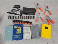 Sockets drill bits clamps tool lot in tote