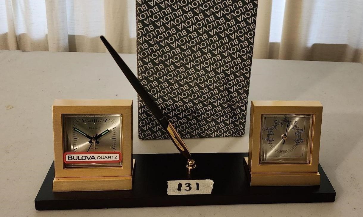 Bulova  Clock Thermometer Pen Set Wood Brass