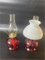 Two Oil Lamps Missing 1 Hobnail Globe