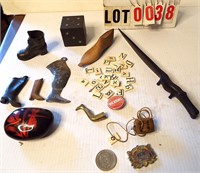 ivory letters, small assorted boots, dice,