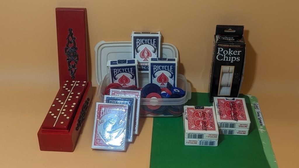 POKER CHIPS, PLAYING CARDS, AND VINTAGE DOMINOES -