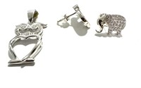 Silver Set of 2 Animal Theme Charm &  Earrings