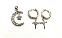 Silver Set of 2 Moon Charm and Hoop Earrings