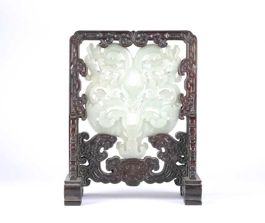 Chinese Wood Framed Jade Table Screen