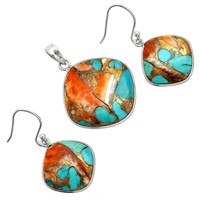 Silver Spiny Oyster Turquoise Pendant Earrings Set