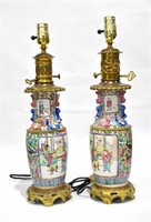 Pr Chinese Rose Medallion Vases Lamps