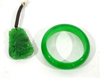 Chinese Green Stone Bangle & Pendant