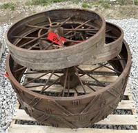 (AB) Antique Metal Equipment Wheels. Largest 40in