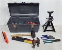 (Q) Assorted Tools including Jack Stand, Hammers,