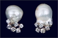 14k Gold Baroque Pearl 1.20 cts Diamond Earrings