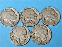 5 Buffalo Nickels, Different Dates