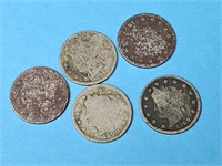5 V- Nickels Different Dates, Very Worn