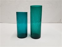Two Teal Crinkle Glass Vessels